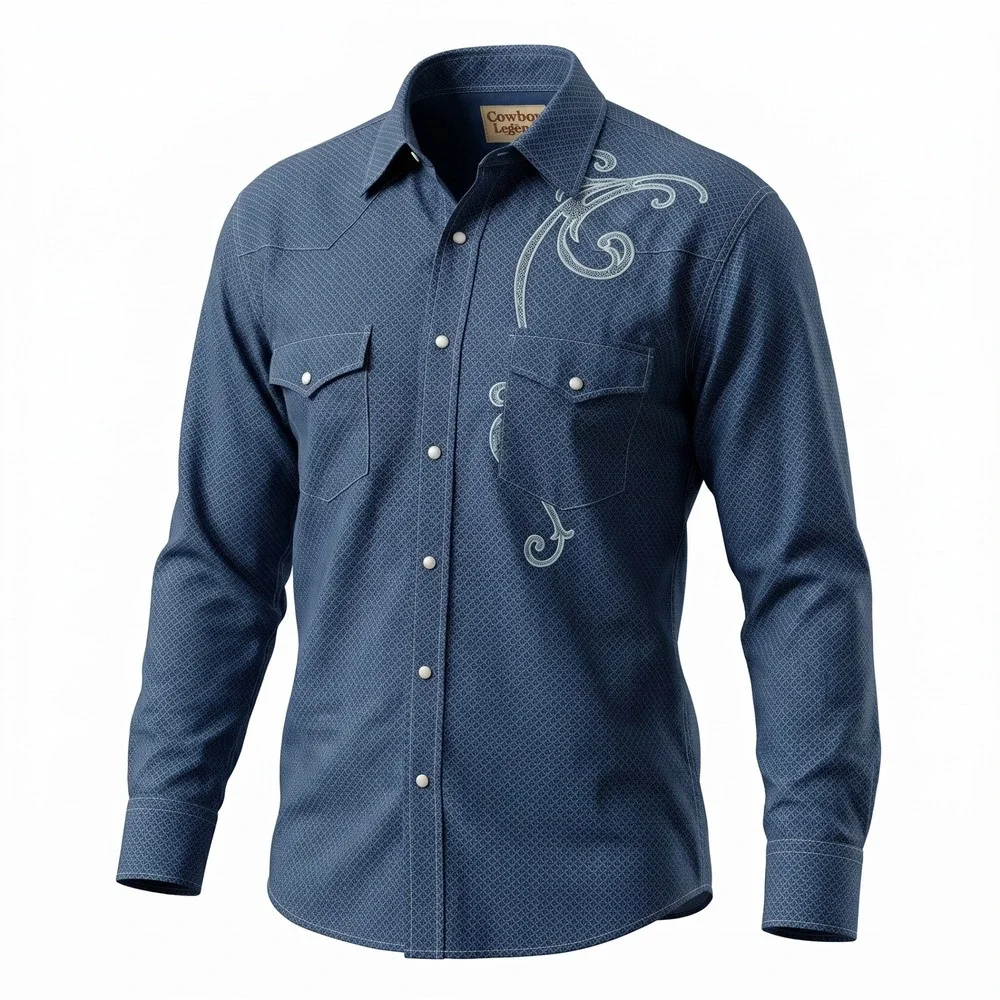 Cowboy Legend Western Shirt Mens Large Blue Embroidered Pearl Snap Cotton